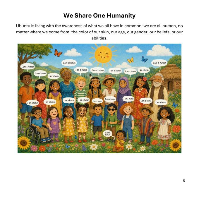 Book page titled We Share One Humanity